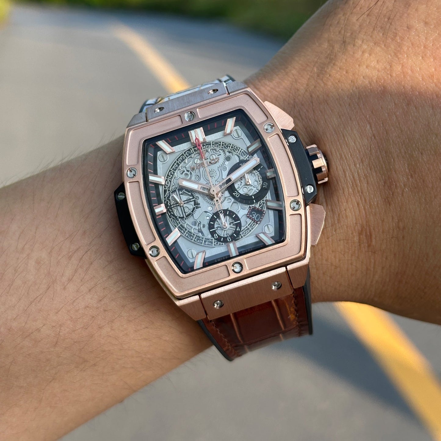 Chronograph -Rosegold Black - Brown Leather - Automatic - 45mm