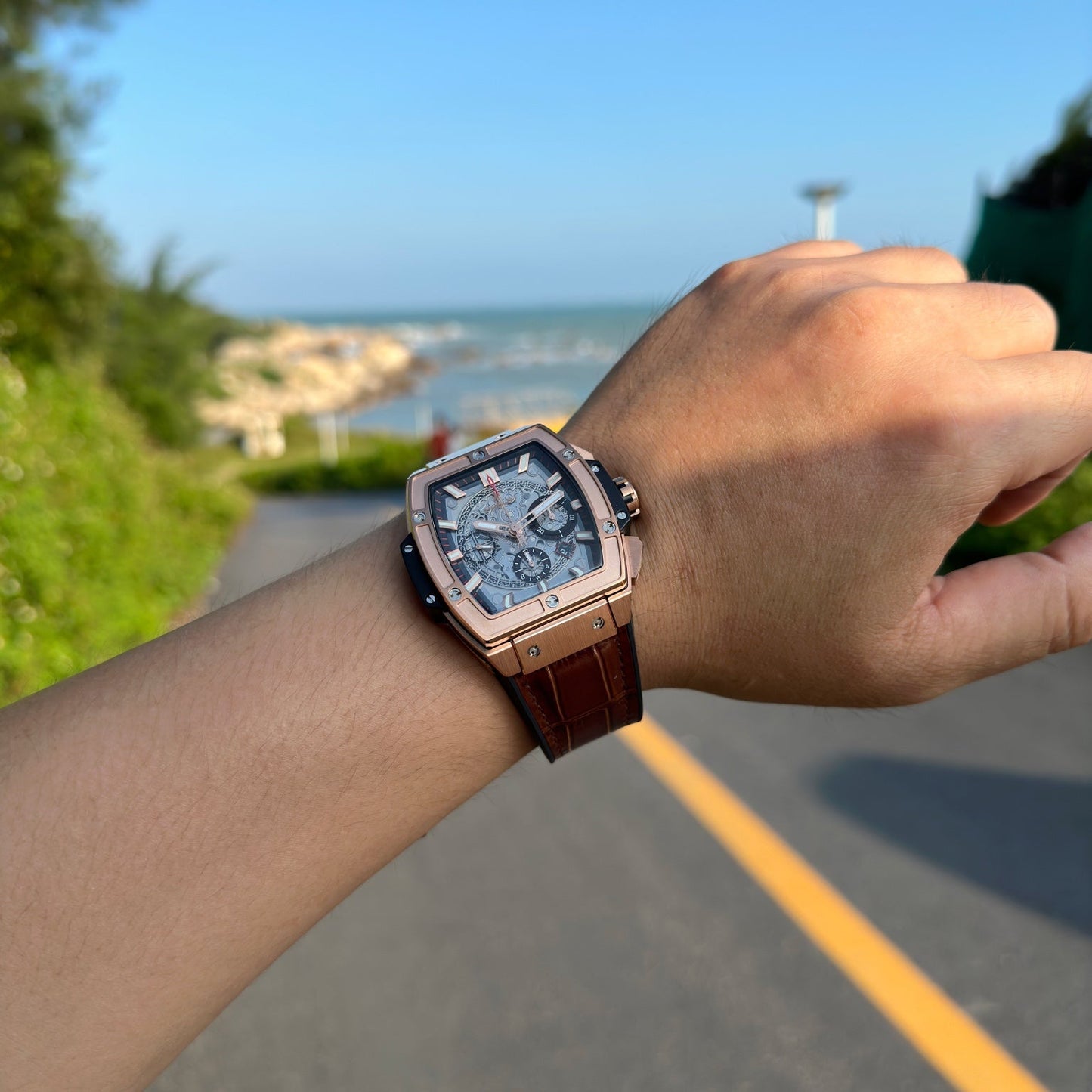 Chronograph -Rosegold Black - Brown Leather - Automatic - 45mm