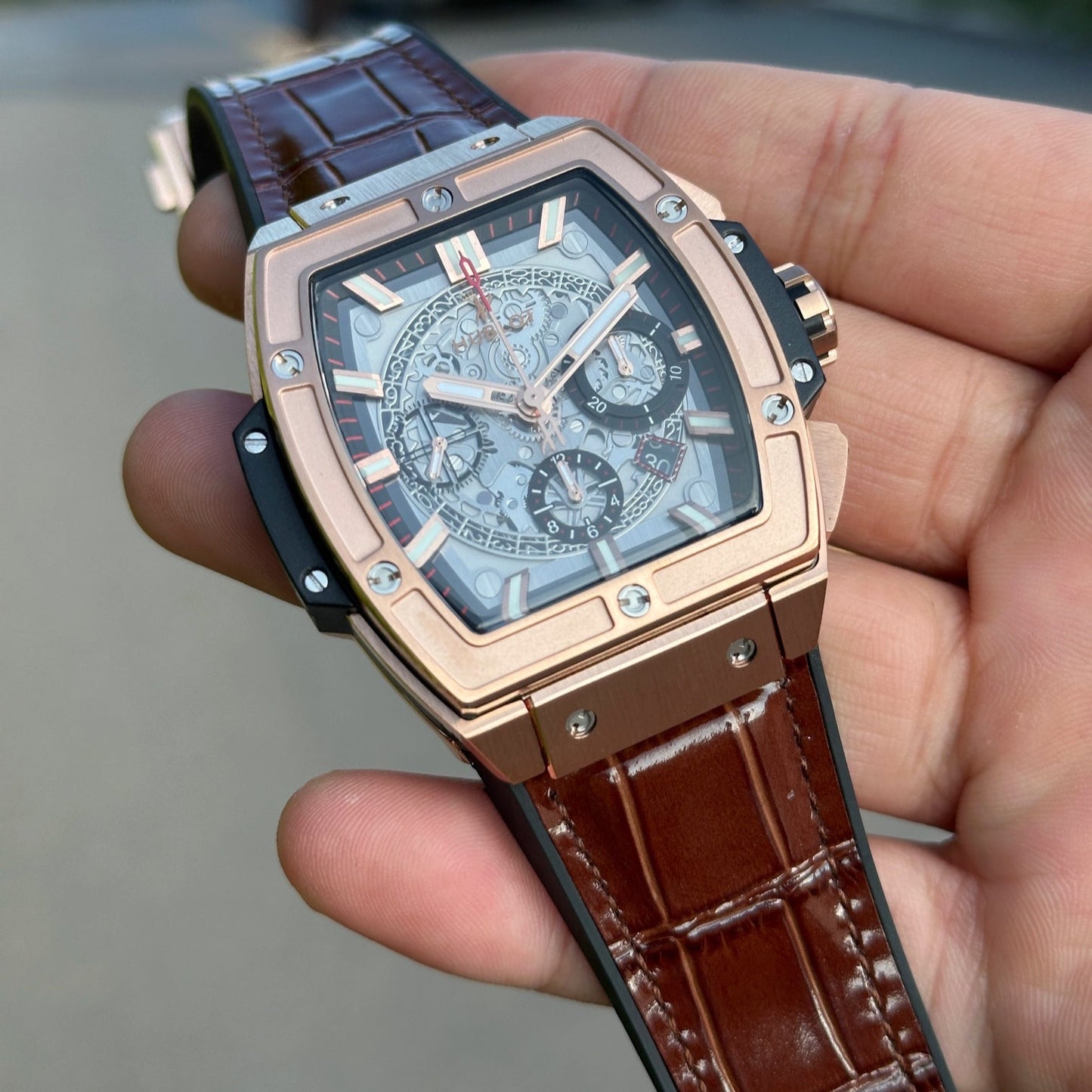 Chronograph -Rosegold Black - Brown Leather - Automatic - 45mm