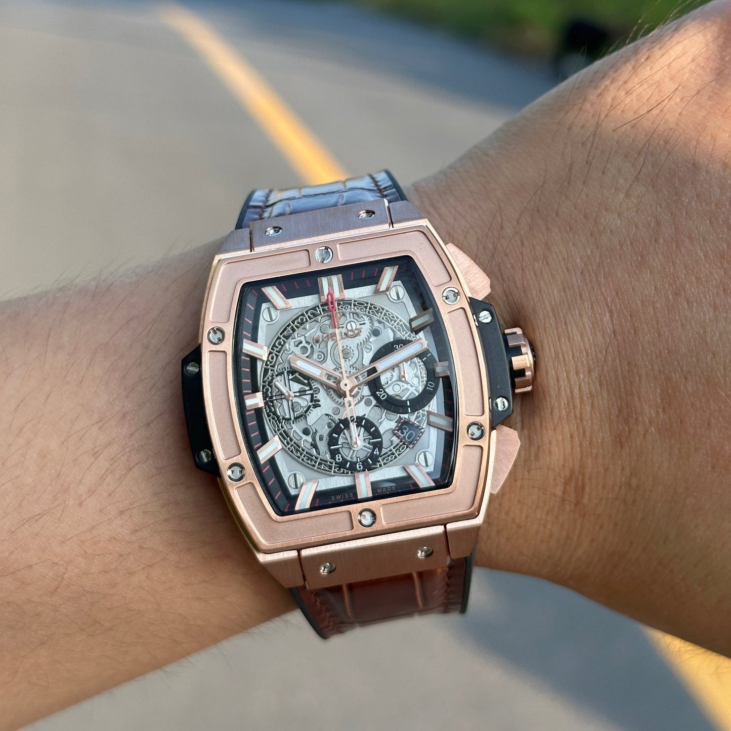 Chronograph -Rosegold Black - Brown Leather - Automatic - 45mm
