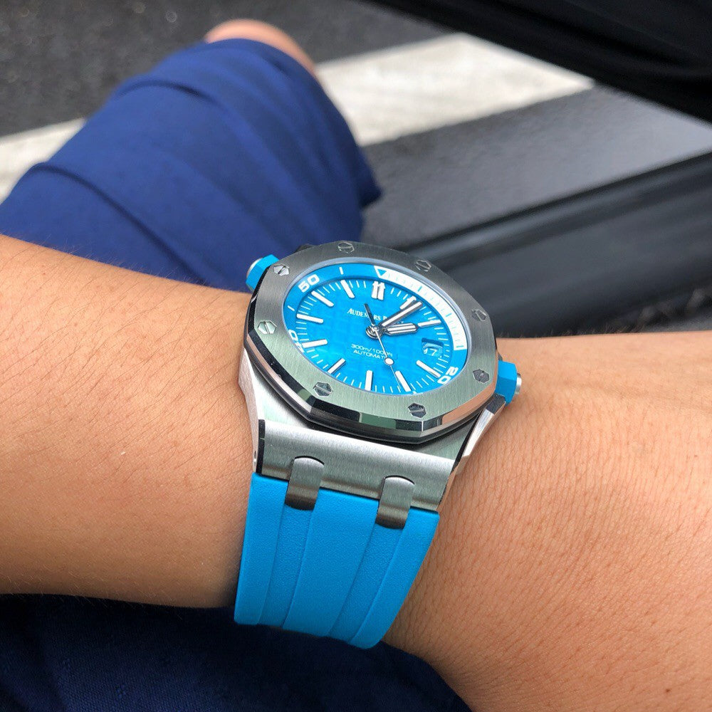 TOP! - 316L Steel - Babyblue rubber - Automatic - 42mm