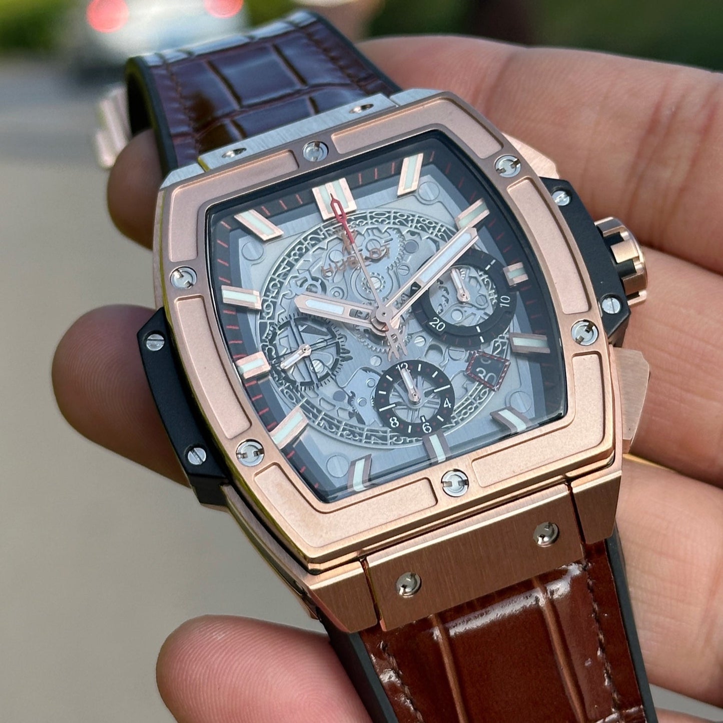 Chronograph -Rosegold Black - Brown Leather - Automatic - 45mm