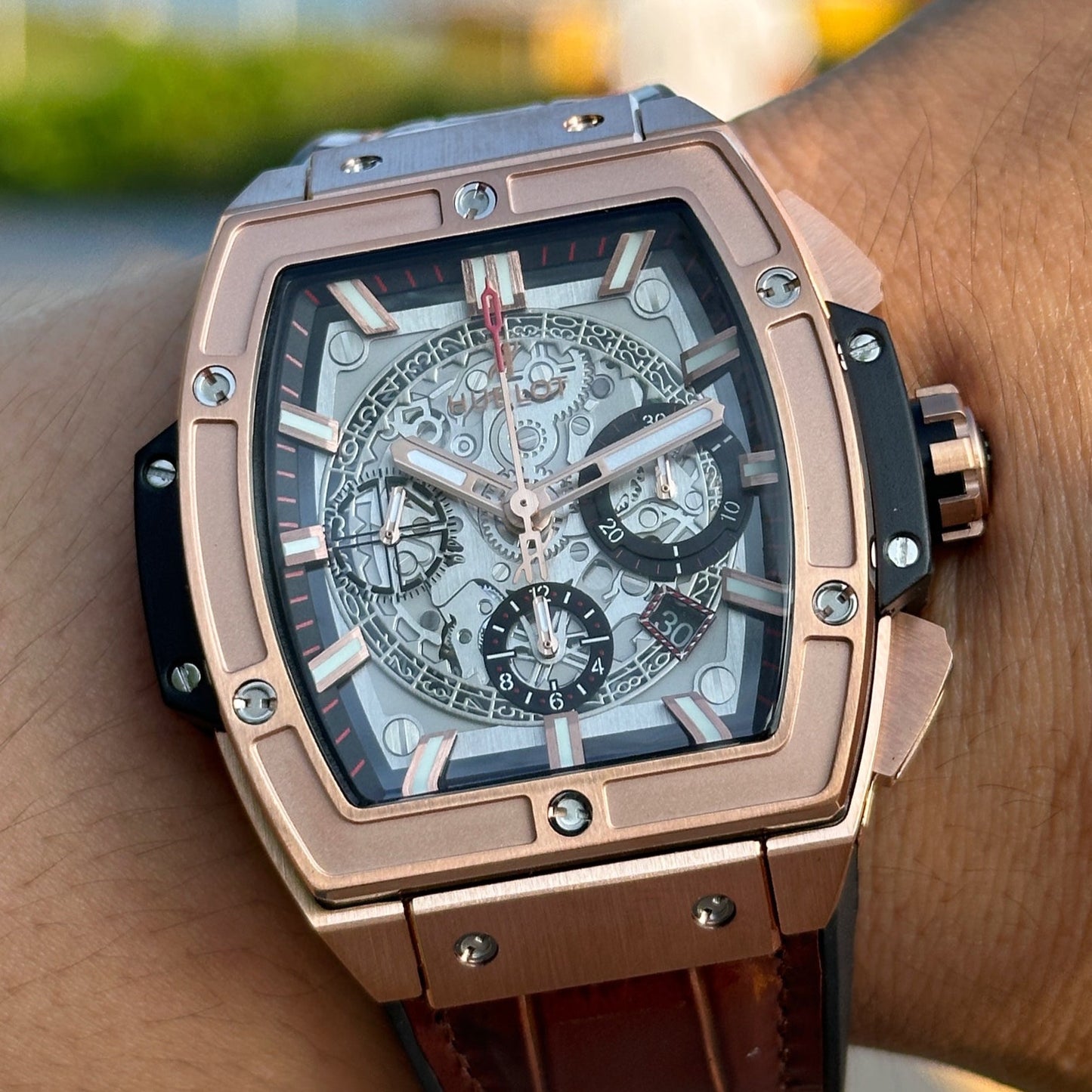 Chronograph -Rosegold Black - Brown Leather - Automatic - 45mm