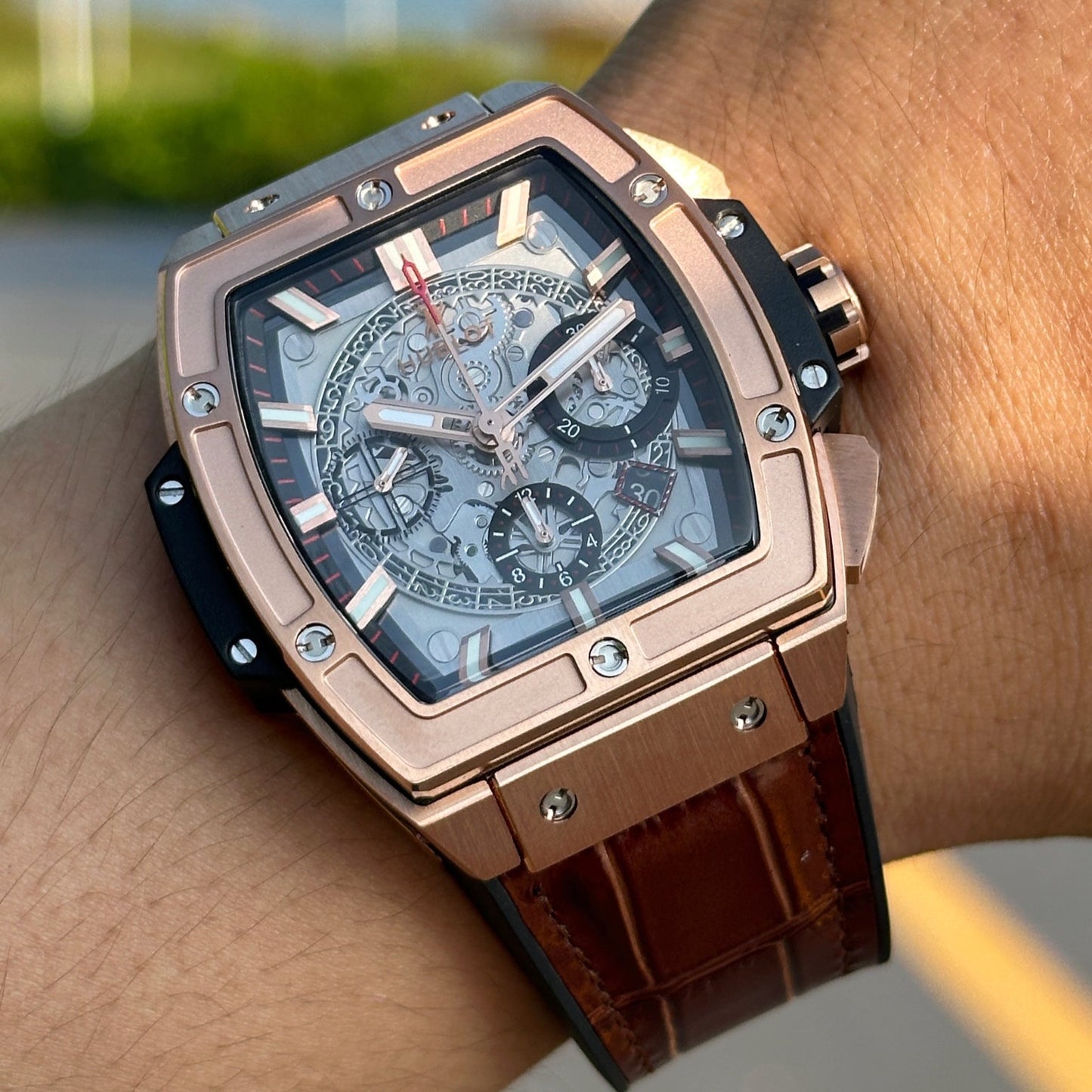 Chronograph -Rosegold Black - Brown Leather - Automatic - 45mm