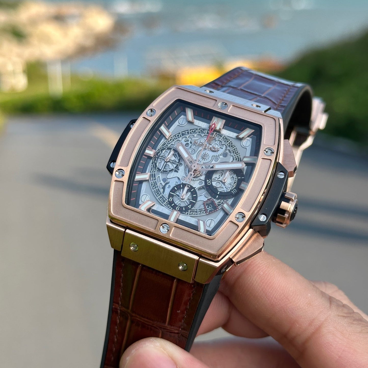 Chronograph -Rosegold Black - Brown Leather - Automatic - 45mm