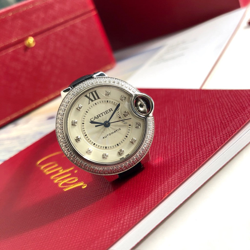 LADY -White Rhinestone Bezel- Black Leather - Quartz - 33mm