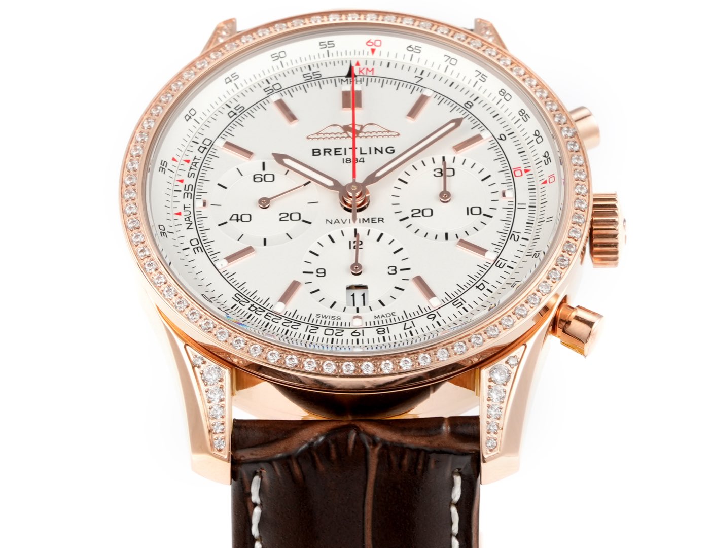 Chronograph - Rhinestone bezel - Rosegold White - N-Timer - Brown Leather - Automatic - 43mm