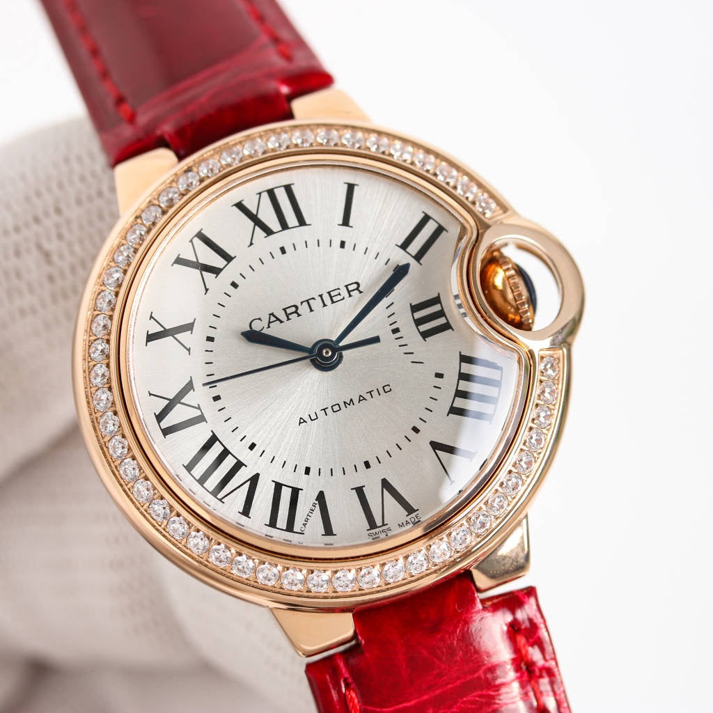 LADY -Silver 316L Steel - Red Leather - Automatic - 33mm