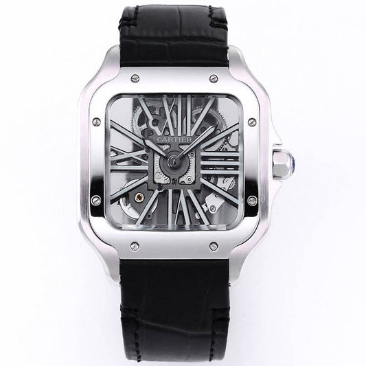 Two hands - Silver -Ultra-thin Hollow -Black Leaher - Automatic - 40mm