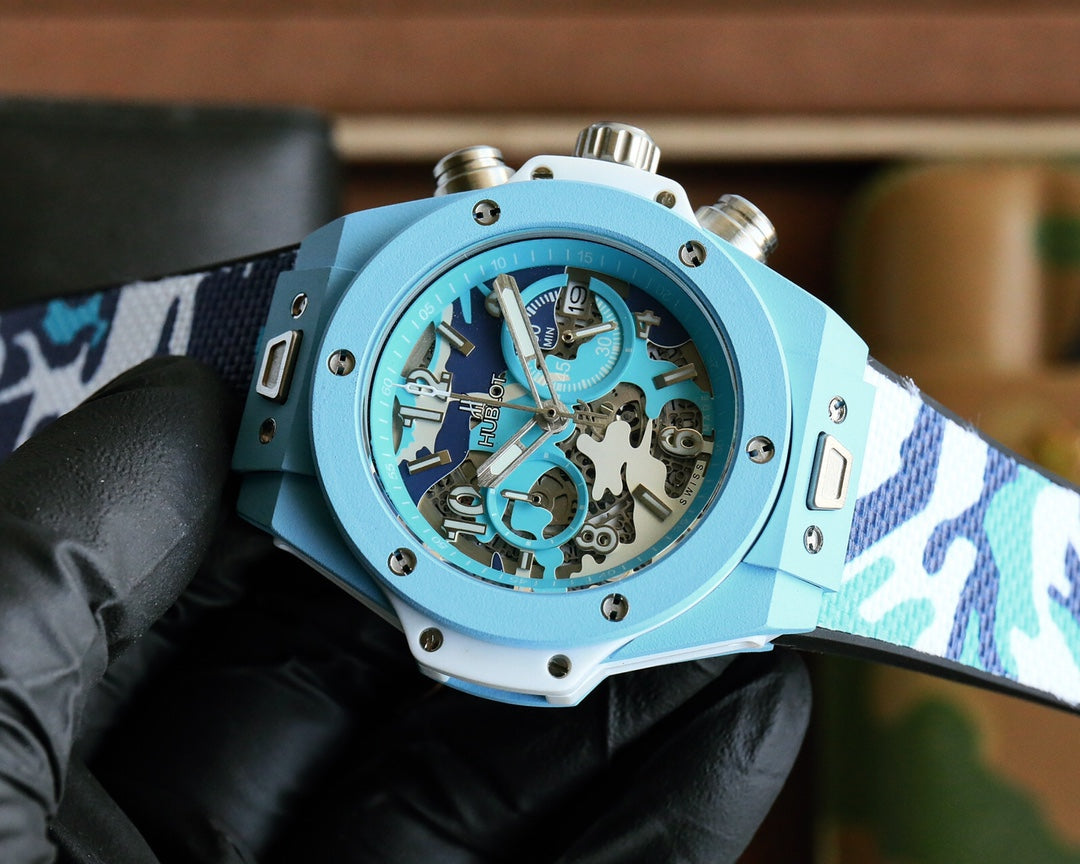 Chronograph - Baby Blue Carbon Fiber - Camouflage Rubber - Quartz - 45mm