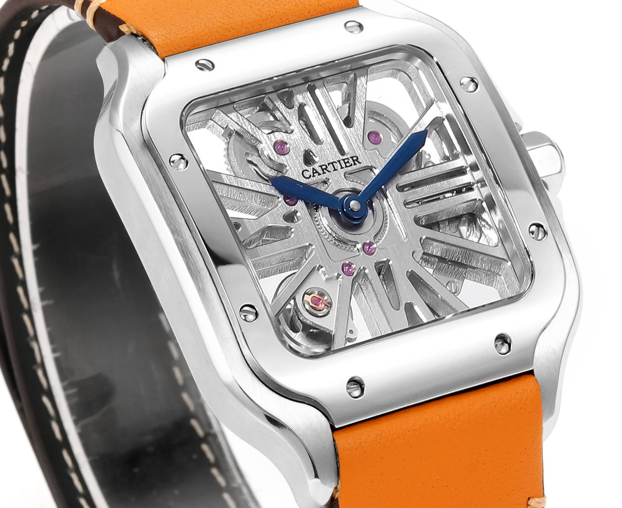 Two hands - Silver -Ultra-thin Hollow -Orange Leaher - Automatic - 40mm