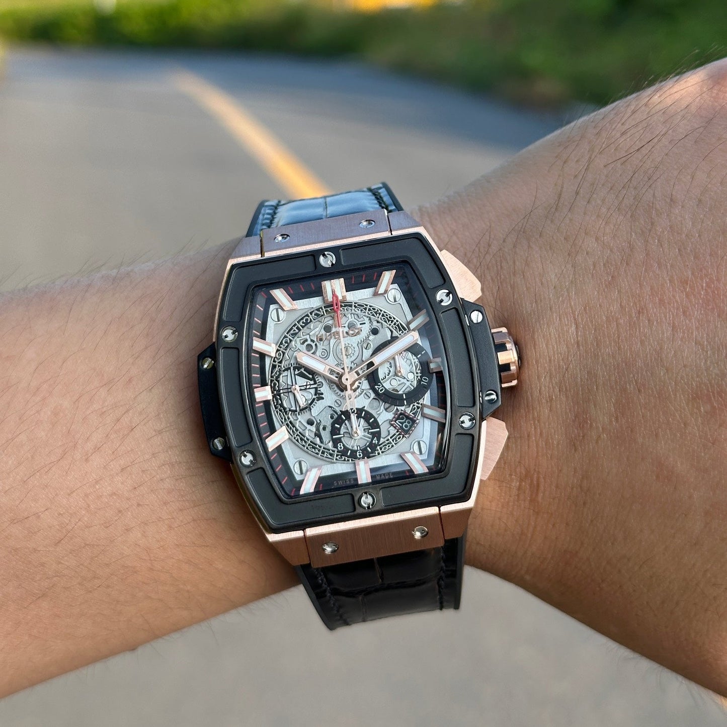 Chronograph -Rosegold Black  - Black Leather - Automatic - 45mm