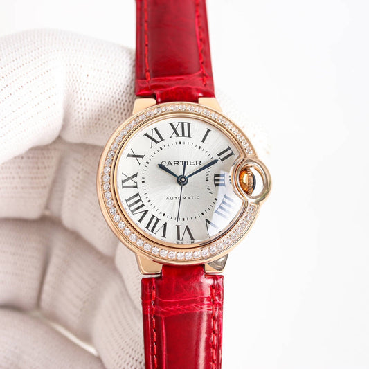 LADY -Silver 316L Steel - Red Leather - Automatic - 33mm