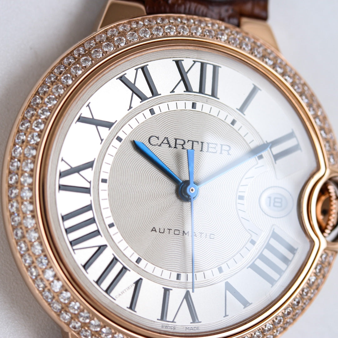 Luxury Diamond Bezel- White Rosegold- Brown Leather - Automatic - 36/42mm