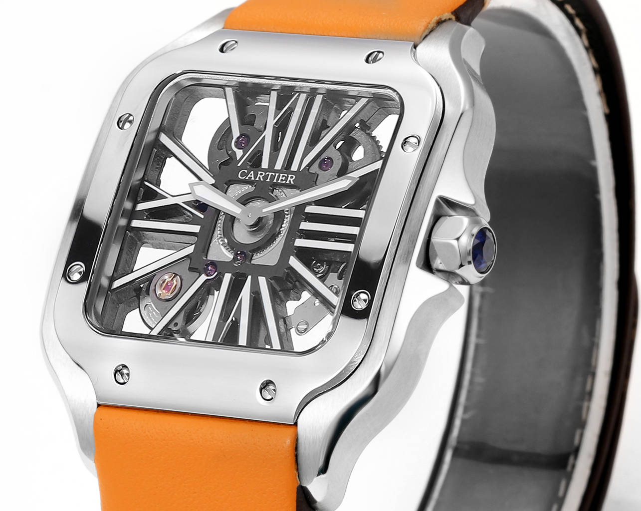 Two hands - Silver -Ultra-thin Hollow -Orange Leaher - Automatic - 40mm