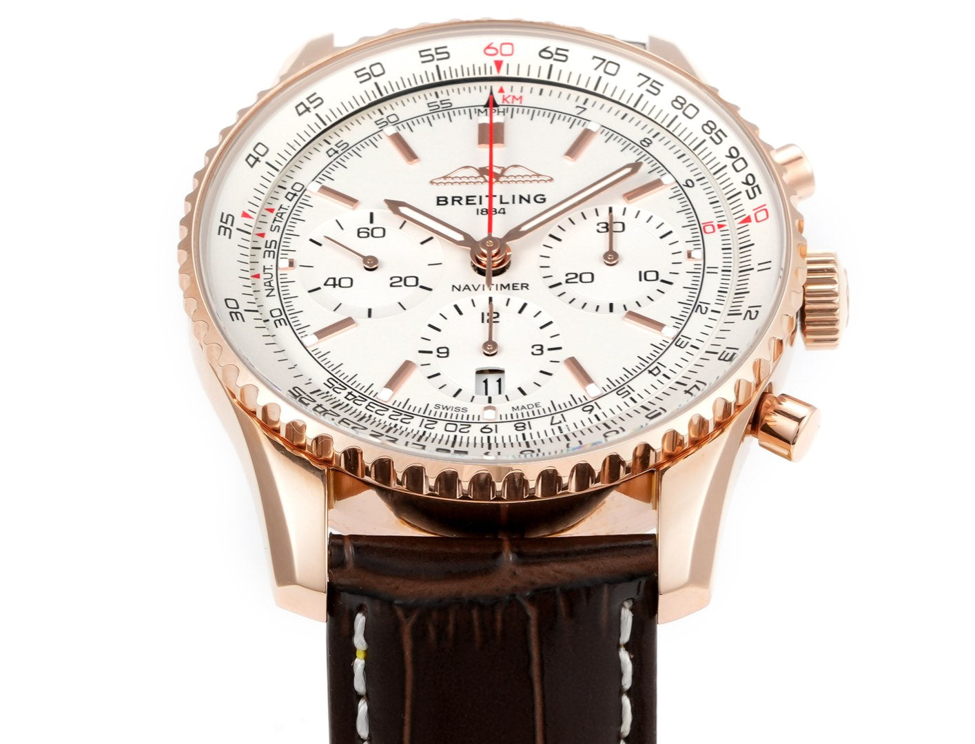 Chronograph - Rosegold - White - N-Timer - Brown Leather - Automatic - 43mm