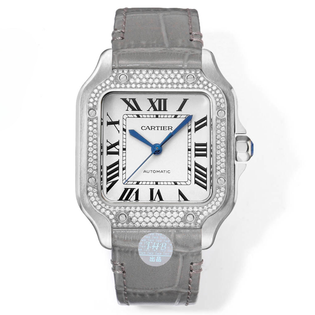 Rhinestone White 316L Steel - Grey Leather - Automatic - 47*40mm