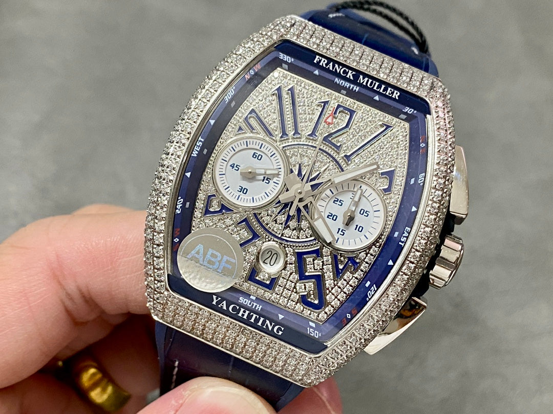 Chronograph - White rhinestone - Blue Leather - Automatic - 44*55mm