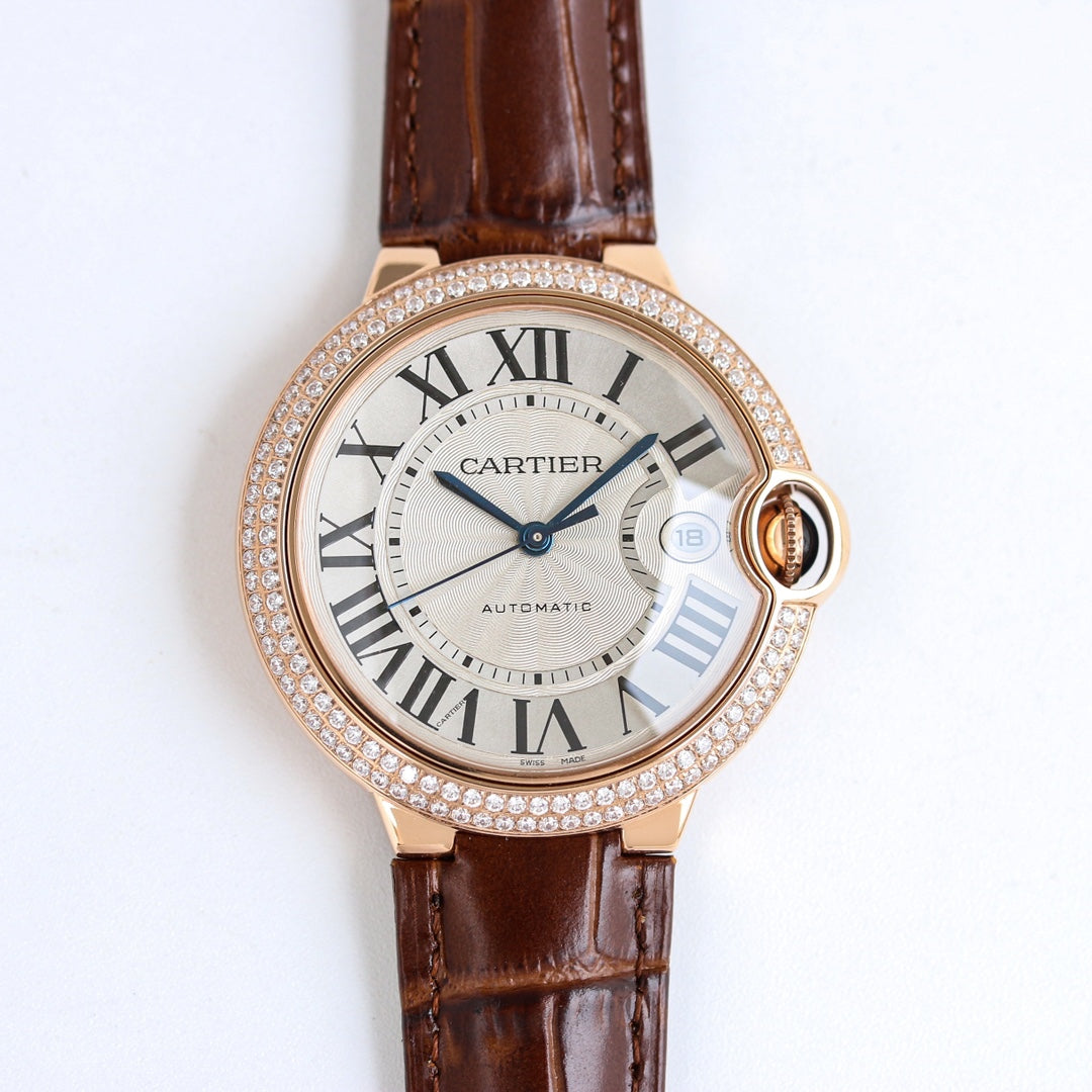 Luxury Diamond Bezel- White Rosegold- Brown Leather - Automatic - 36/42mm