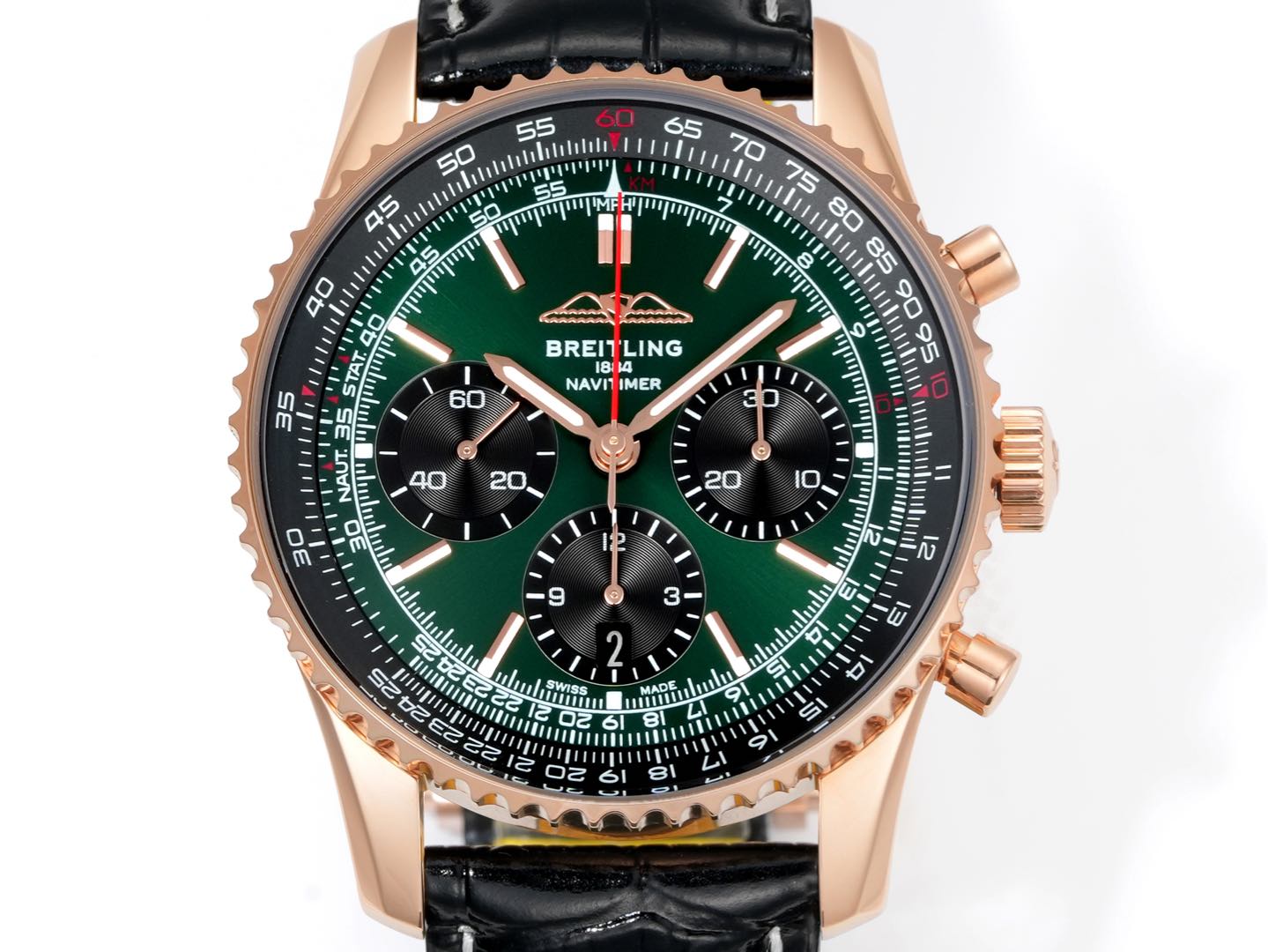 Chronograph - Rosegold Ceramic -Green- N-Timer - Black Leather - Automatic - 43mm