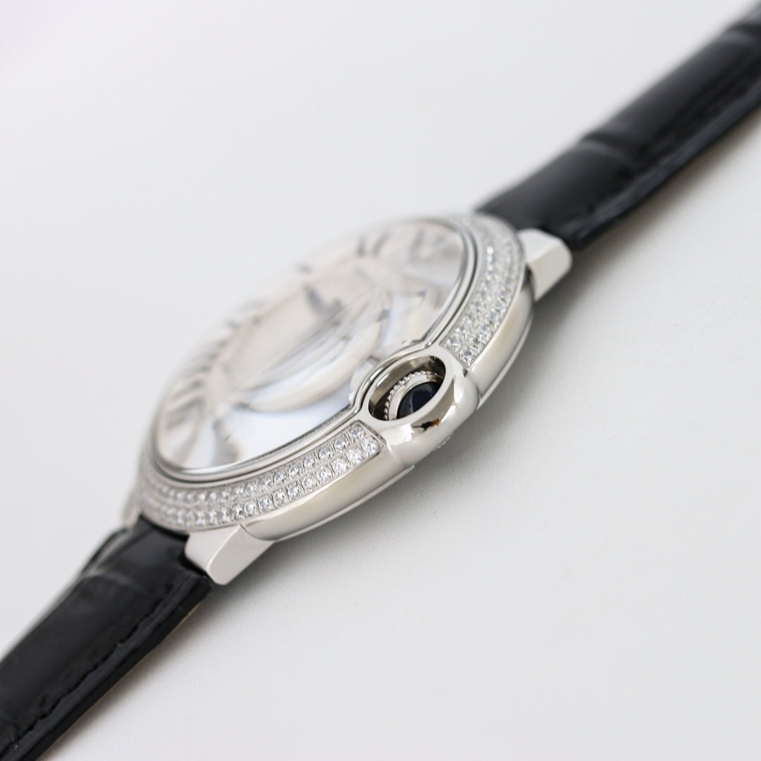 Luxury Diamond Bezel- White Silver- Black Leather - Automatic - 36/42mm