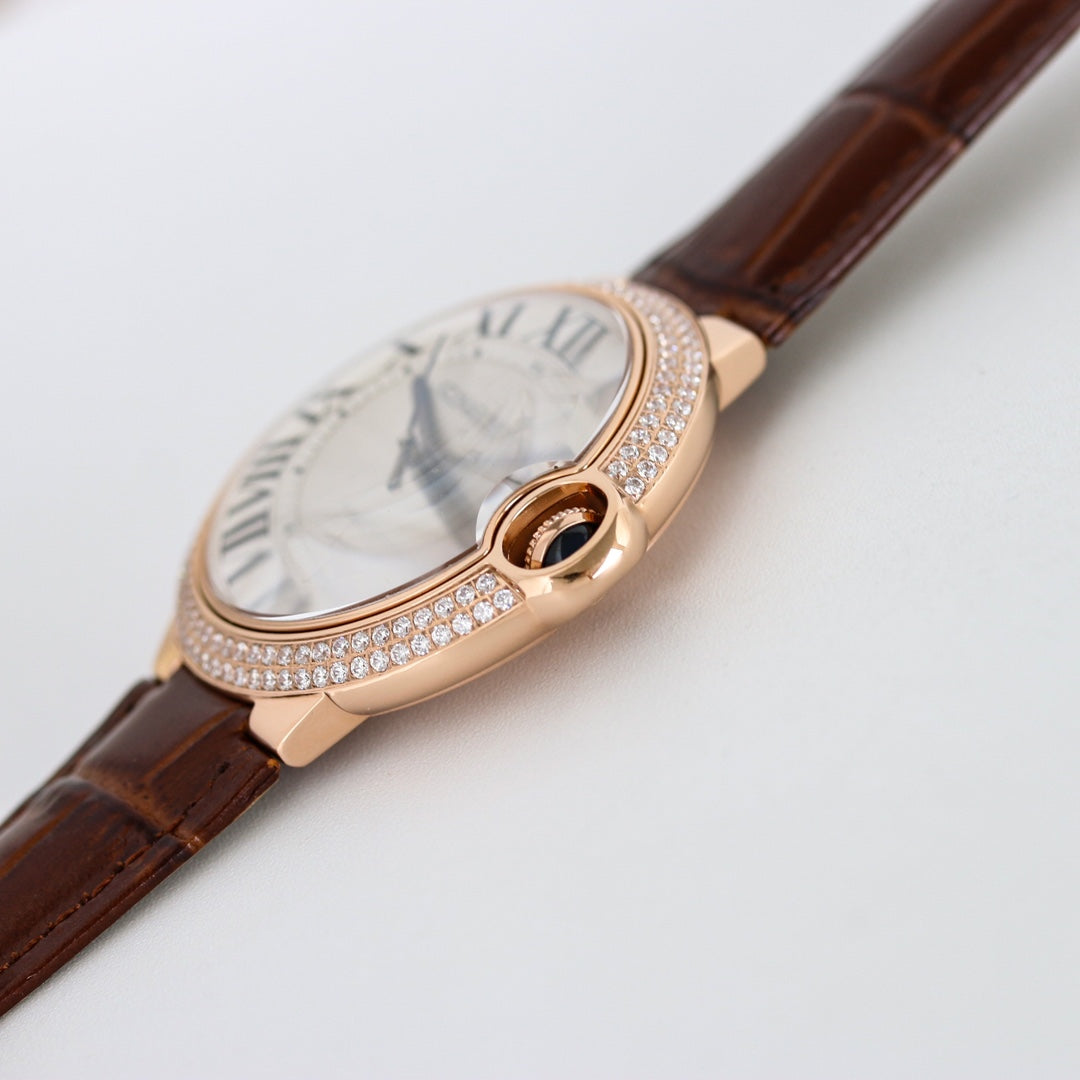 Luxury Diamond Bezel- White Rosegold- Brown Leather - Automatic - 36/42mm