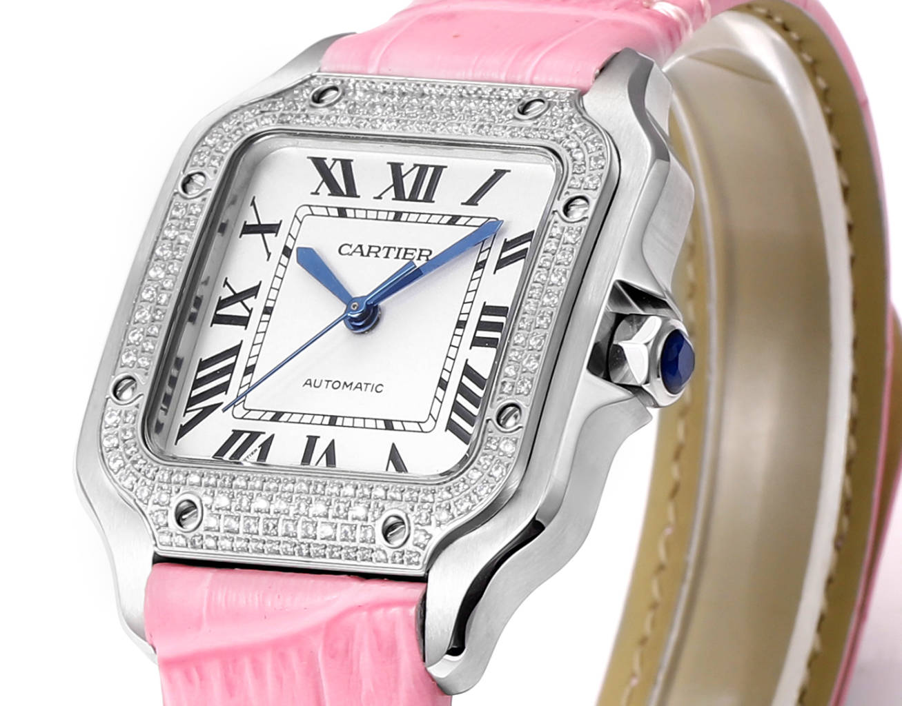 LADY -Rhinestone White 316L Steel - Pink Leather - Automatic - 43*35mm