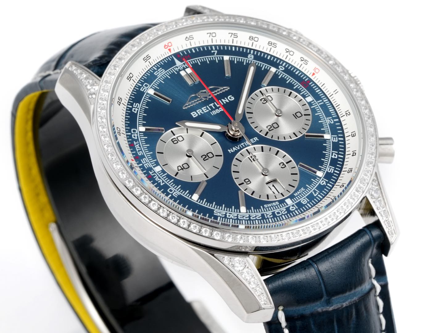 Chronograph - Rhinestone bezel - Blue White - N-Timer - Blue Leather - Automatic - 43mm