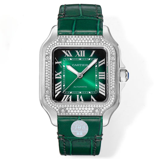 Rhinestone Green 316L Steel - Green Leather - Automatic - 47*40mm