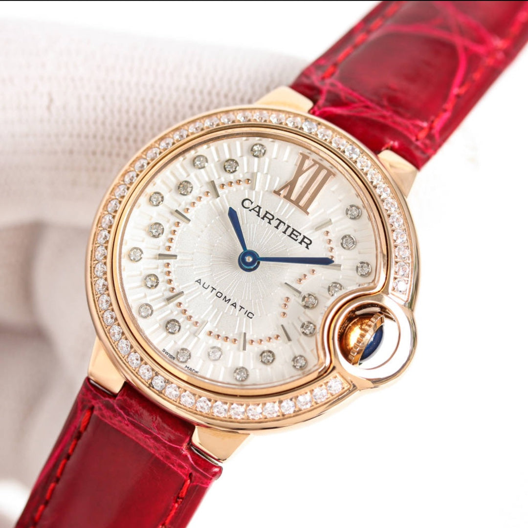 LADY -Silver 316L Steel - Red Leather - Automatic - 33mm