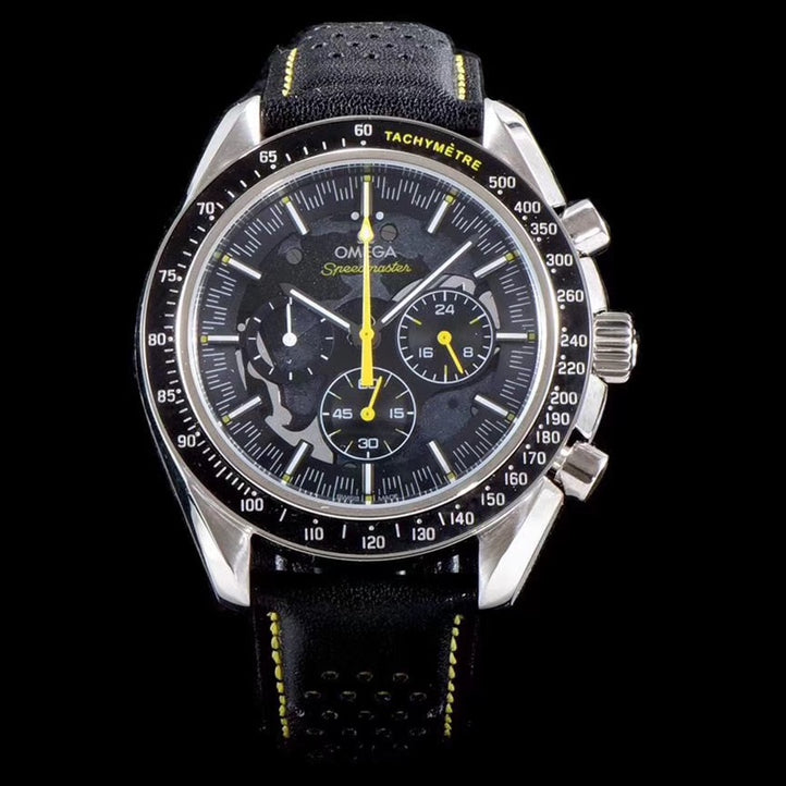 Chronograph -Moon dial - Grey - Black Leather- Quartz - 44mm