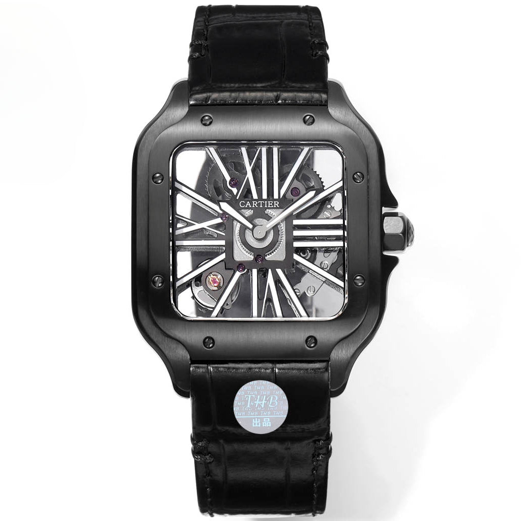 Two hands -Black Silver -Ultra-thin Hollow -Black Leaher - Automatic - 40mm