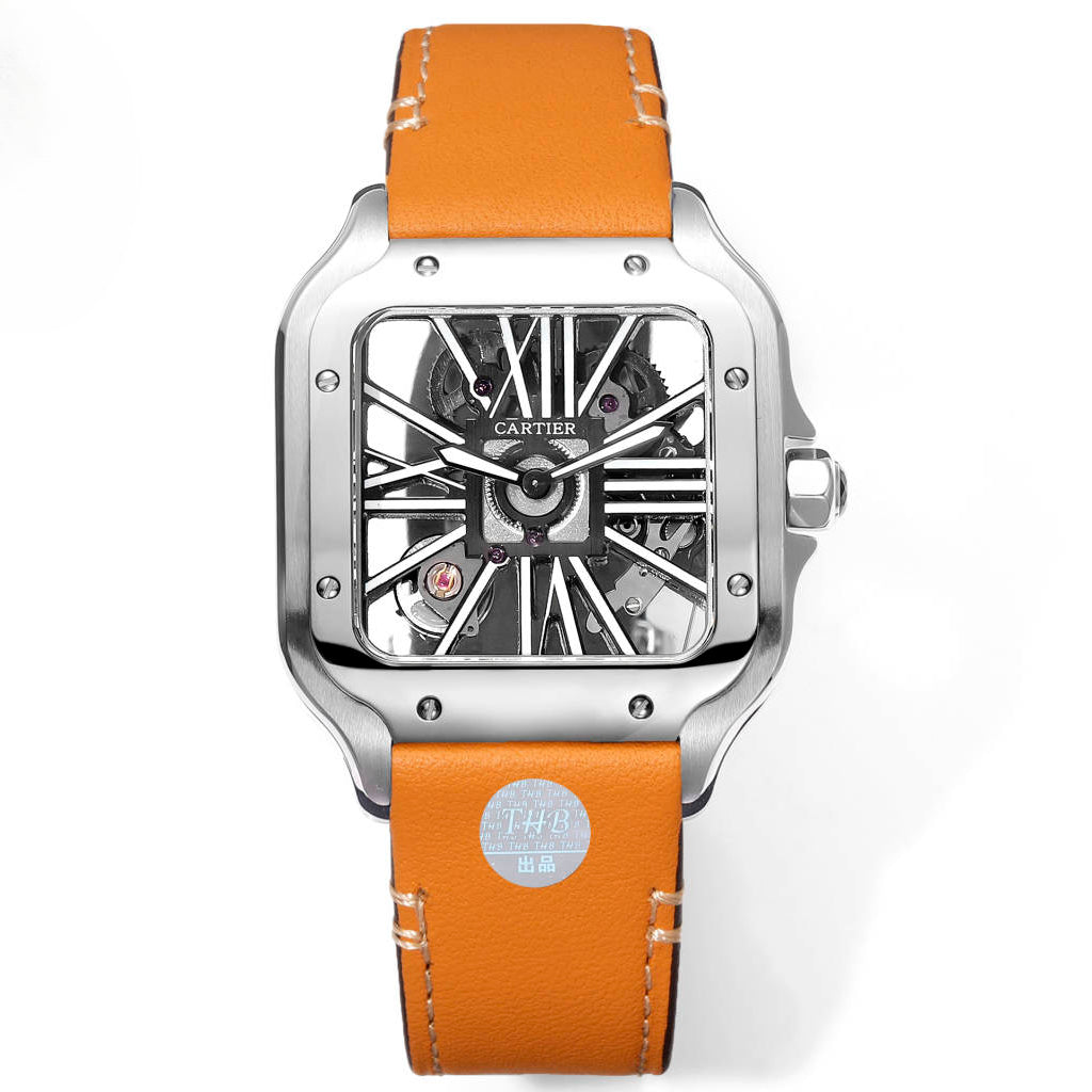 Two hands - Silver -Ultra-thin Hollow -Orange Leaher - Automatic - 40mm