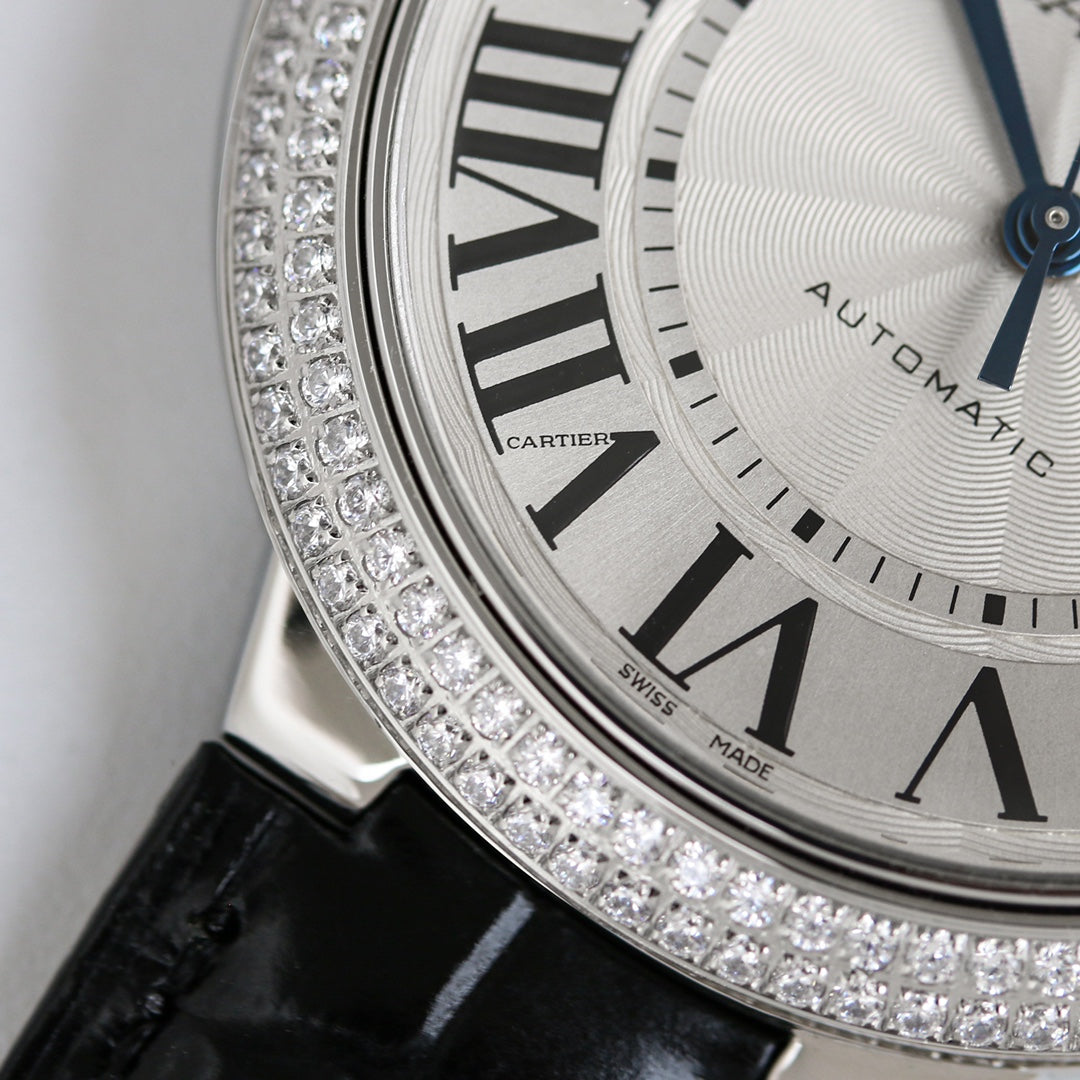 Luxury Diamond Bezel- White Silver- Black Leather - Automatic - 36/42mm