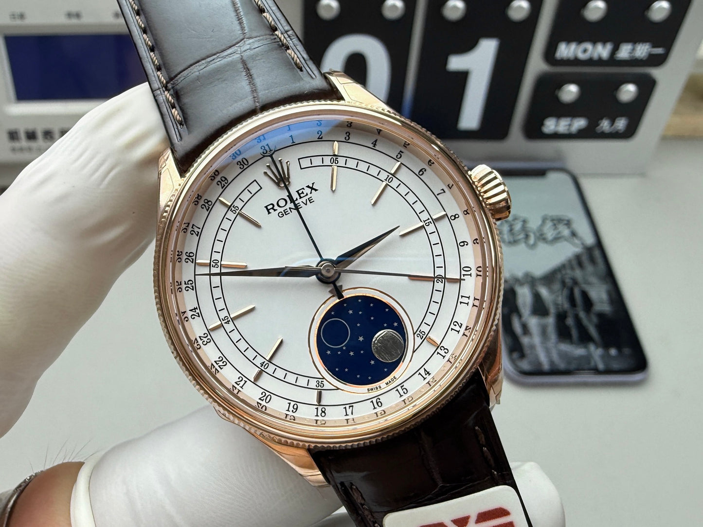 White -904L Yellow gold -Moon phase - Blrown Leather - Automatic - 39mm
