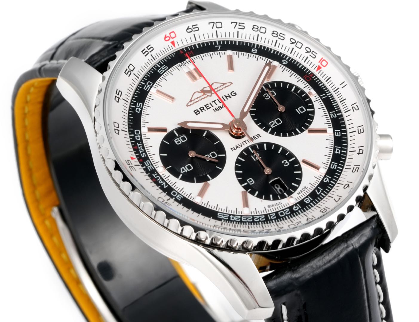 Chronograph - White Bezel- Panda Face - N-Timer - Black Leather - Automatic - 43mm