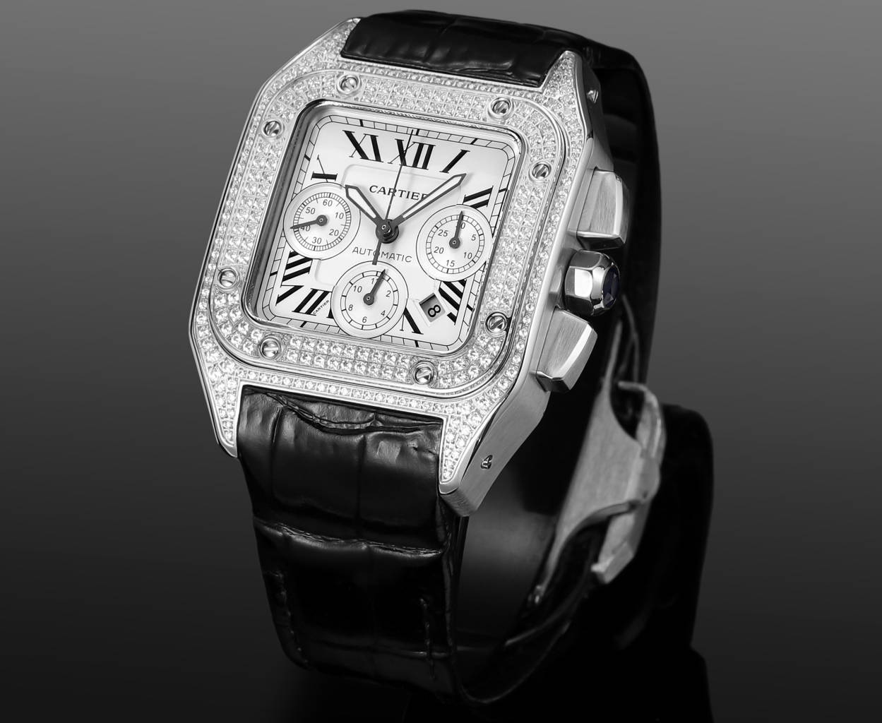 Chronograph - Silver Rhinestone 316L Steel - Black Leather - Automatic - 42mm