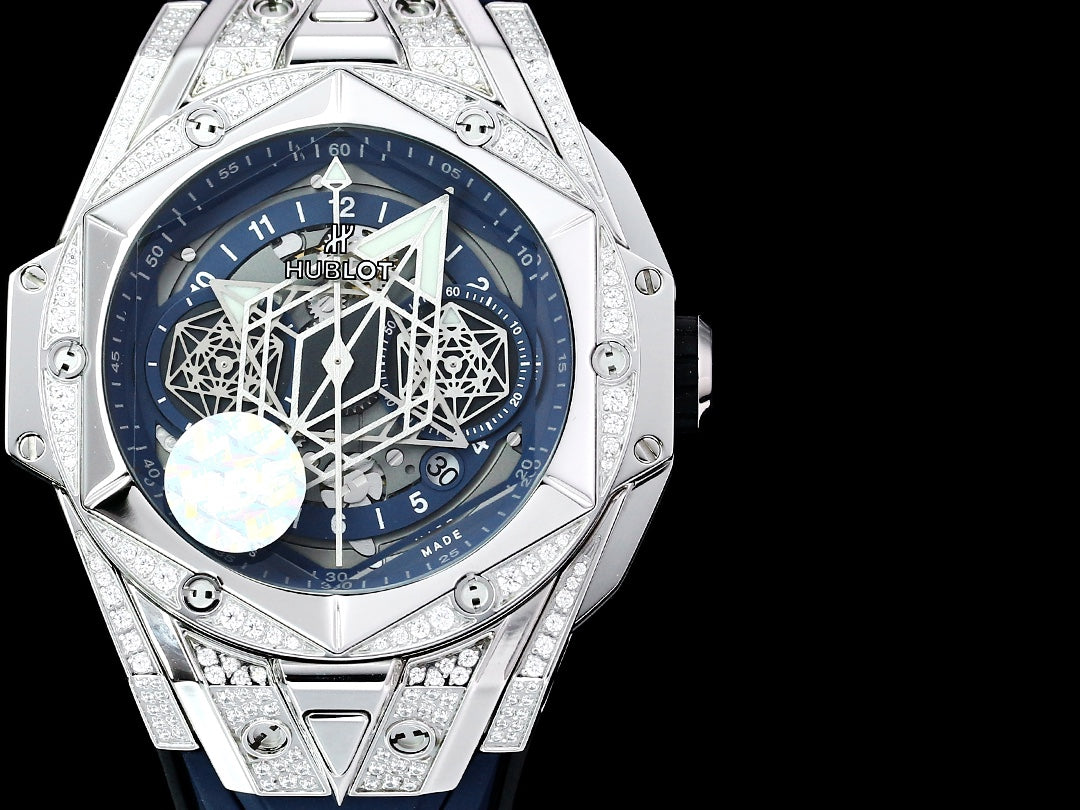 White rhinestone - Blue Rubber - Automatic - 45mm