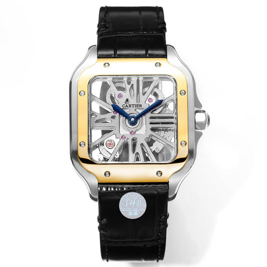 Two hands -Yellow Silver -Ultra-thin Hollow -Black Leaher - Automatic - 40mm