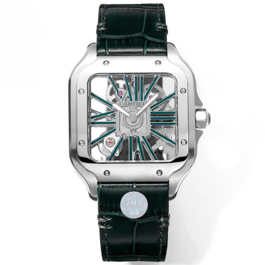 Two hands -Green Silver -Ultra-thin Hollow -Dark green Leaher - Automatic - 40mm