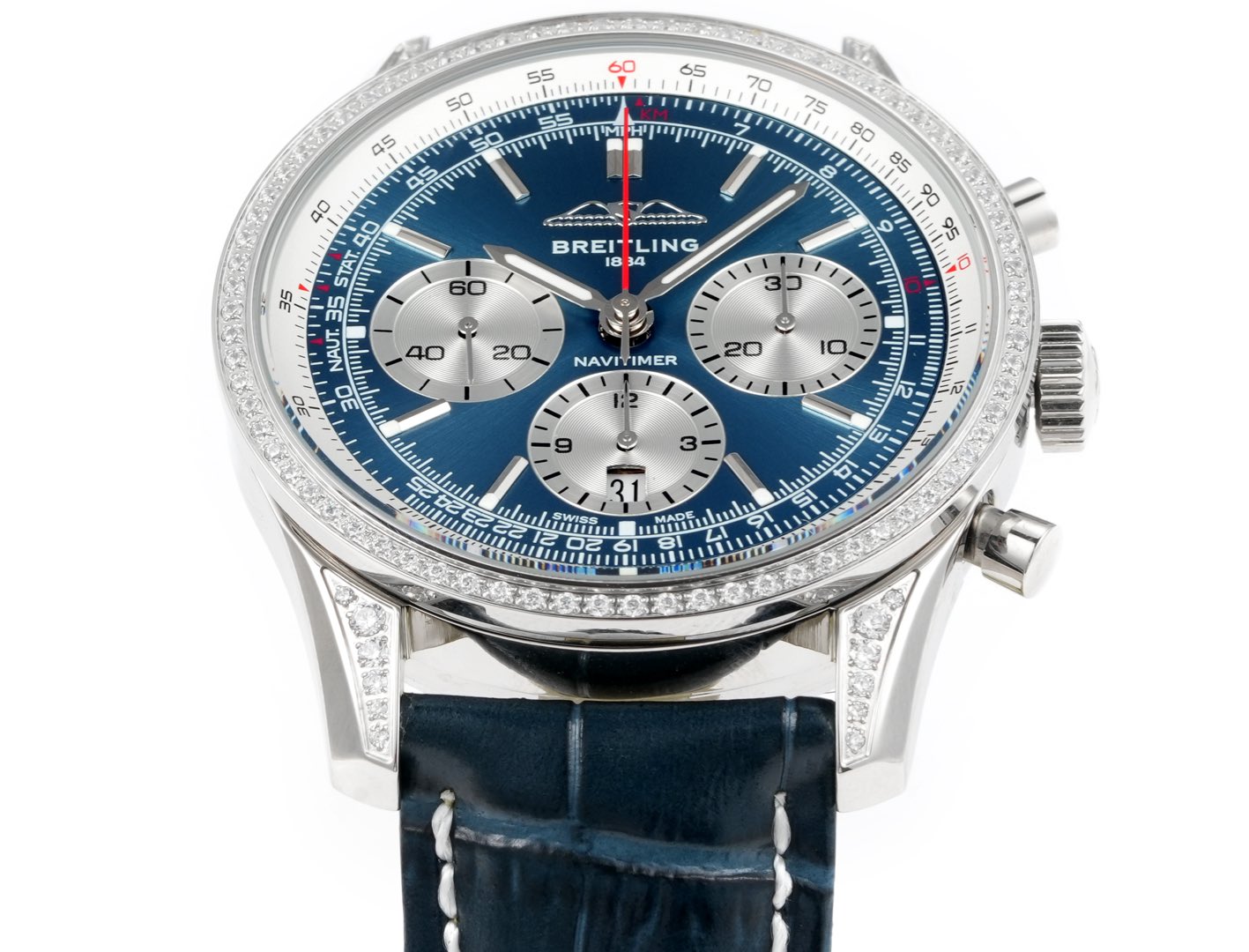 Chronograph - Rhinestone bezel - Blue White - N-Timer - Blue Leather - Automatic - 43mm
